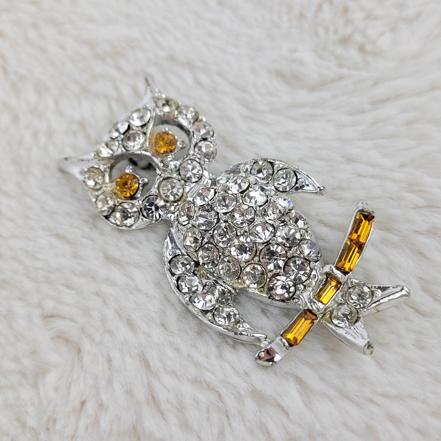 1960's Clear and Amber Rhinestone Owl Pin