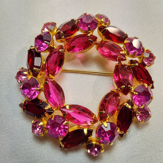 1950's Pink and Red Rhinestone Circle Pin