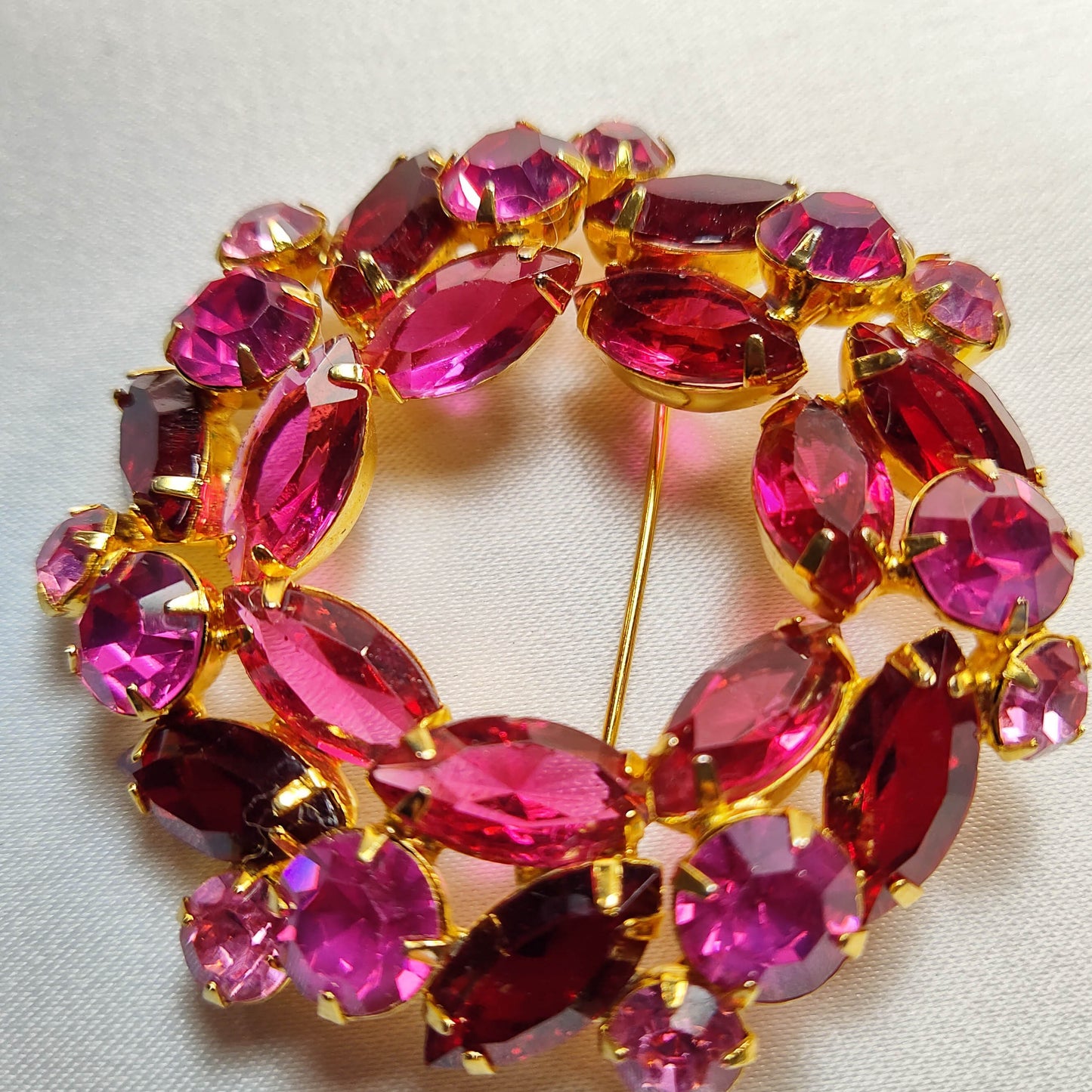 1950's Pink and Red Rhinestone Circle Pin