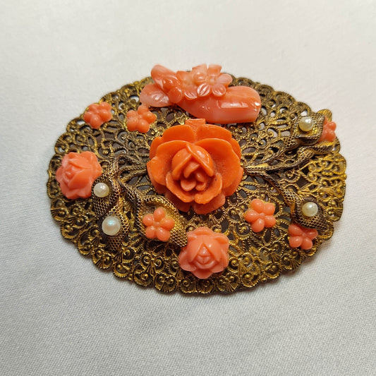 1930's Gold Metal Filigree with Pink/Orange Bakelite Roses