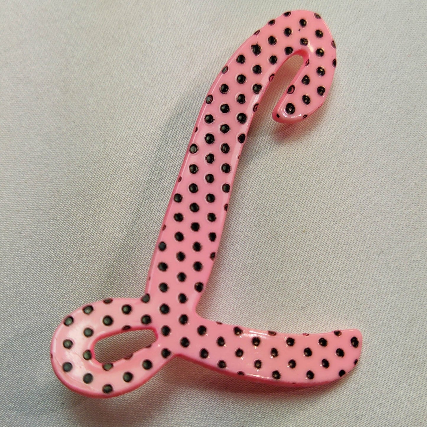 1950's Pink Lucite "L" Shaped Pin with Black Polka Dots