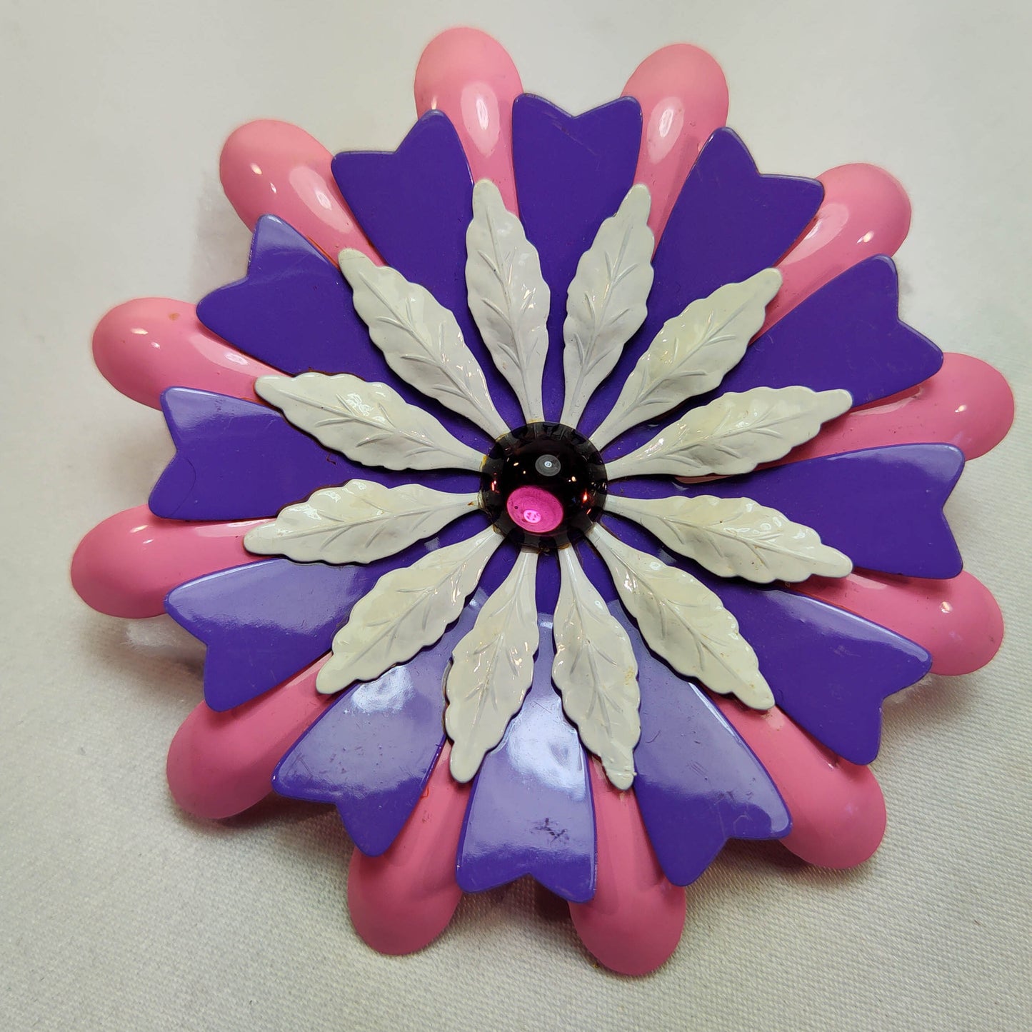 1960's Pink, Blue and White Layered Flower Pin with a Plumb Glass Center