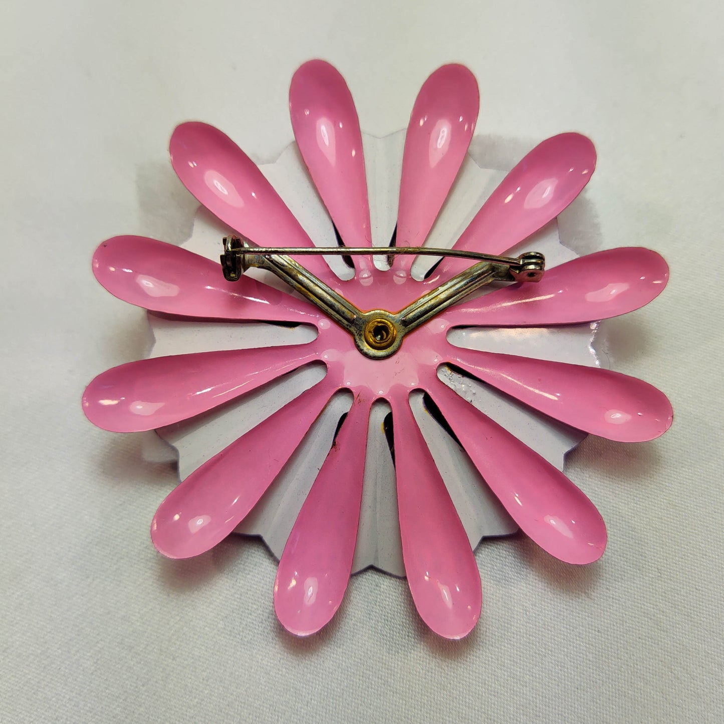 1960's Pink, Blue and White Layered Flower Pin with a Plumb Glass Center