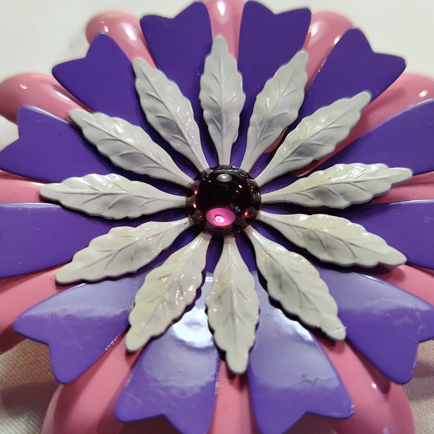 1960's Pink, Blue and White Layered Flower Pin with a Plumb Glass Center