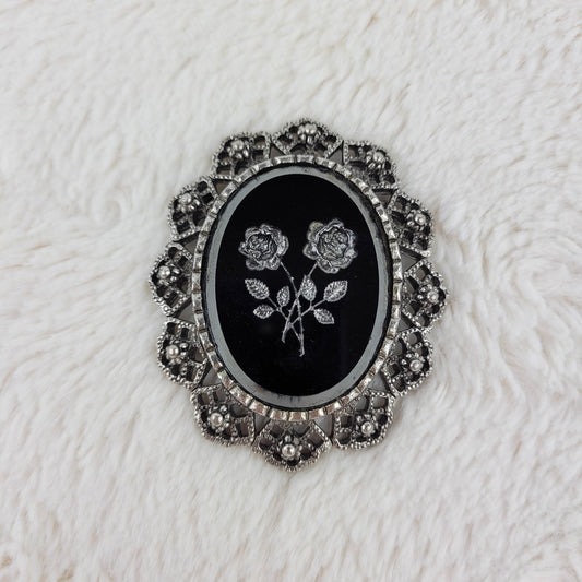 1960's Black and Silver Metal Cameo Pin Featuring Intertwined Roses