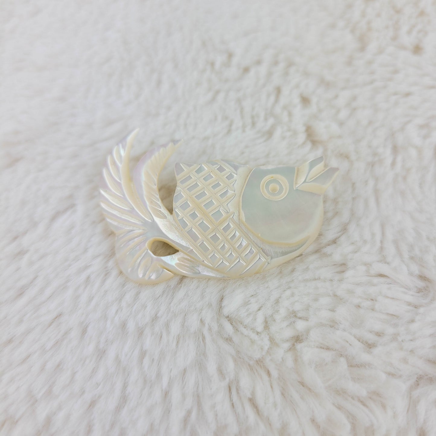 1970's Mother of Pearl Kissing Fish Pin Made in Bethlehem