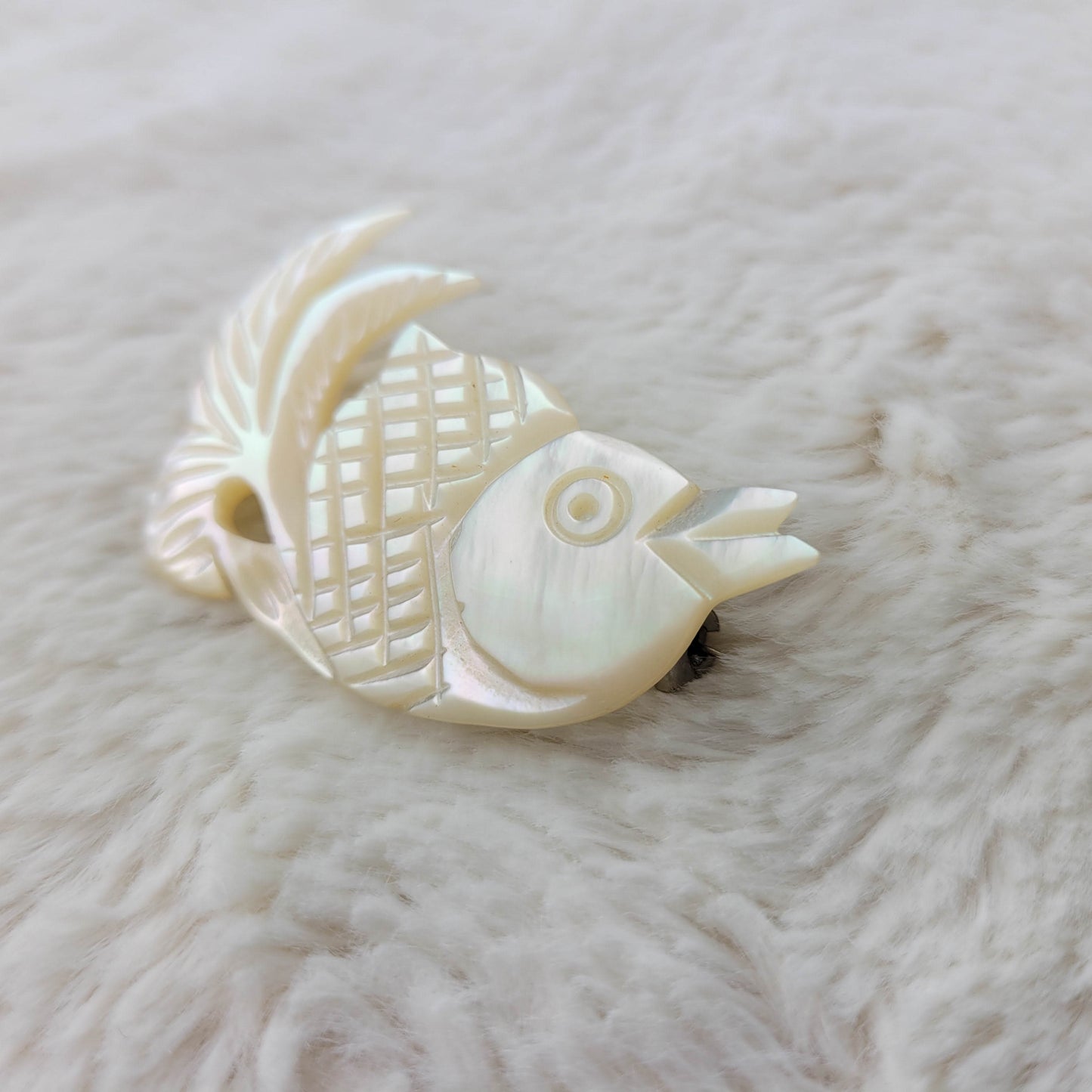 1970's Mother of Pearl Kissing Fish Pin Made in Bethlehem