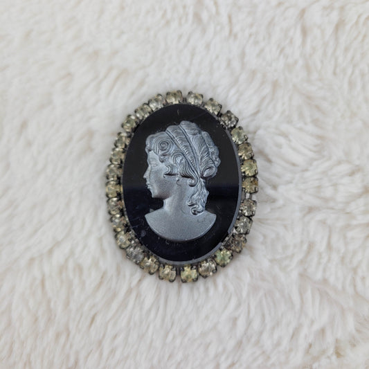 1950's Slate Gray and Black Cameo Pin Outlined with Rhinestones