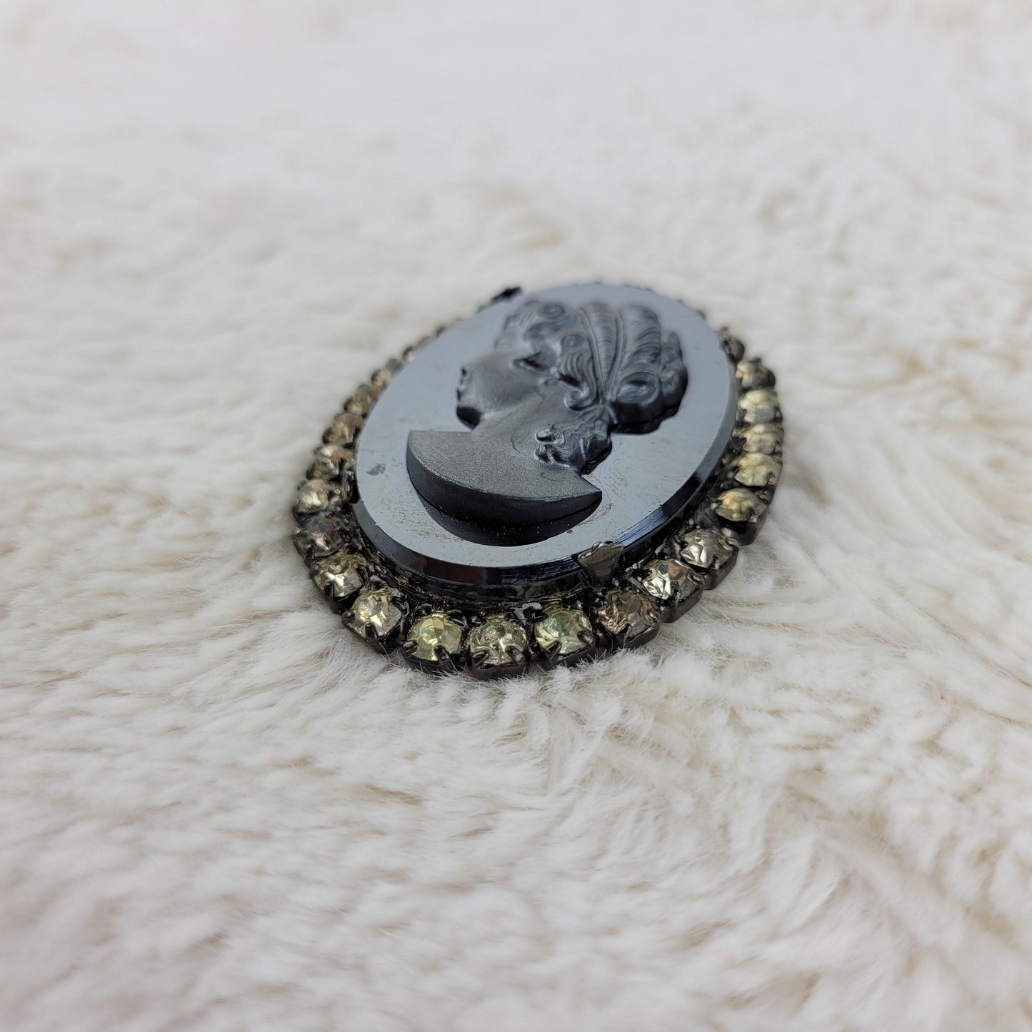 1950's Slate Gray and Black Cameo Pin Outlined with Rhinestones