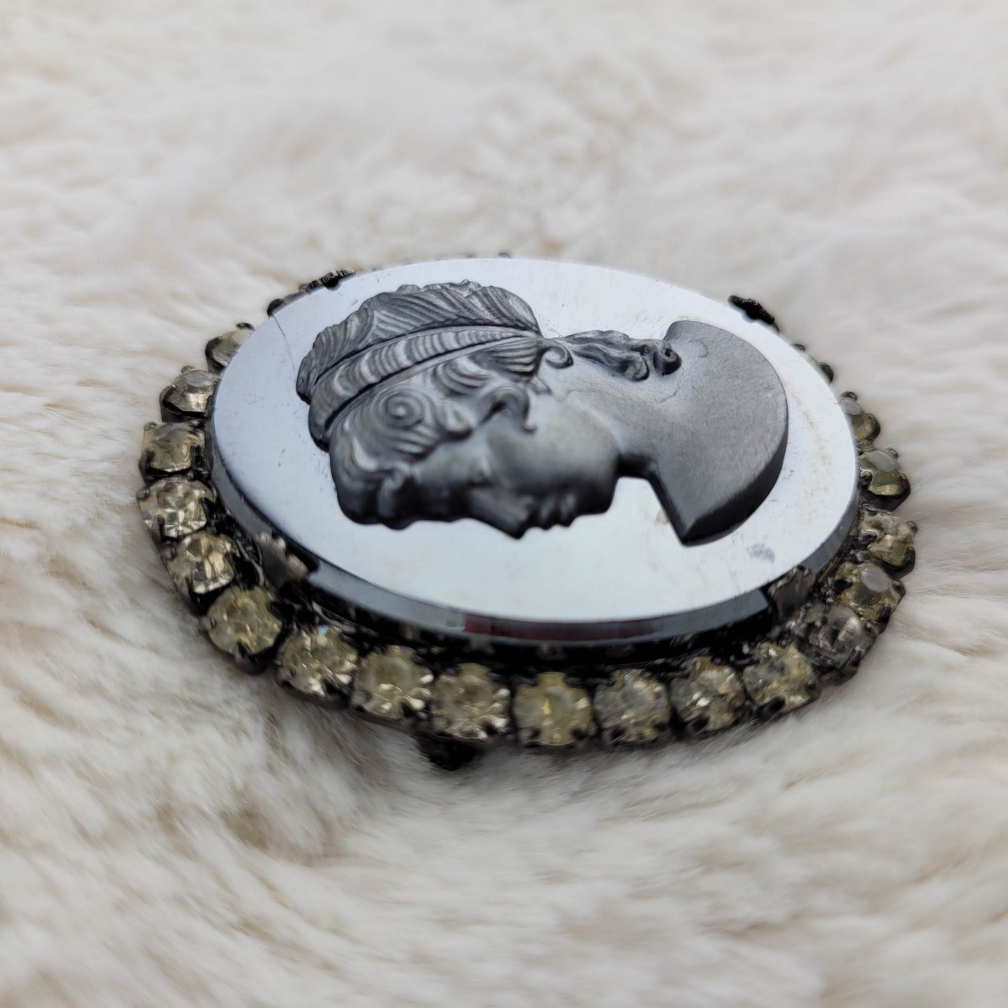 1950's Slate Gray and Black Cameo Pin Outlined with Rhinestones