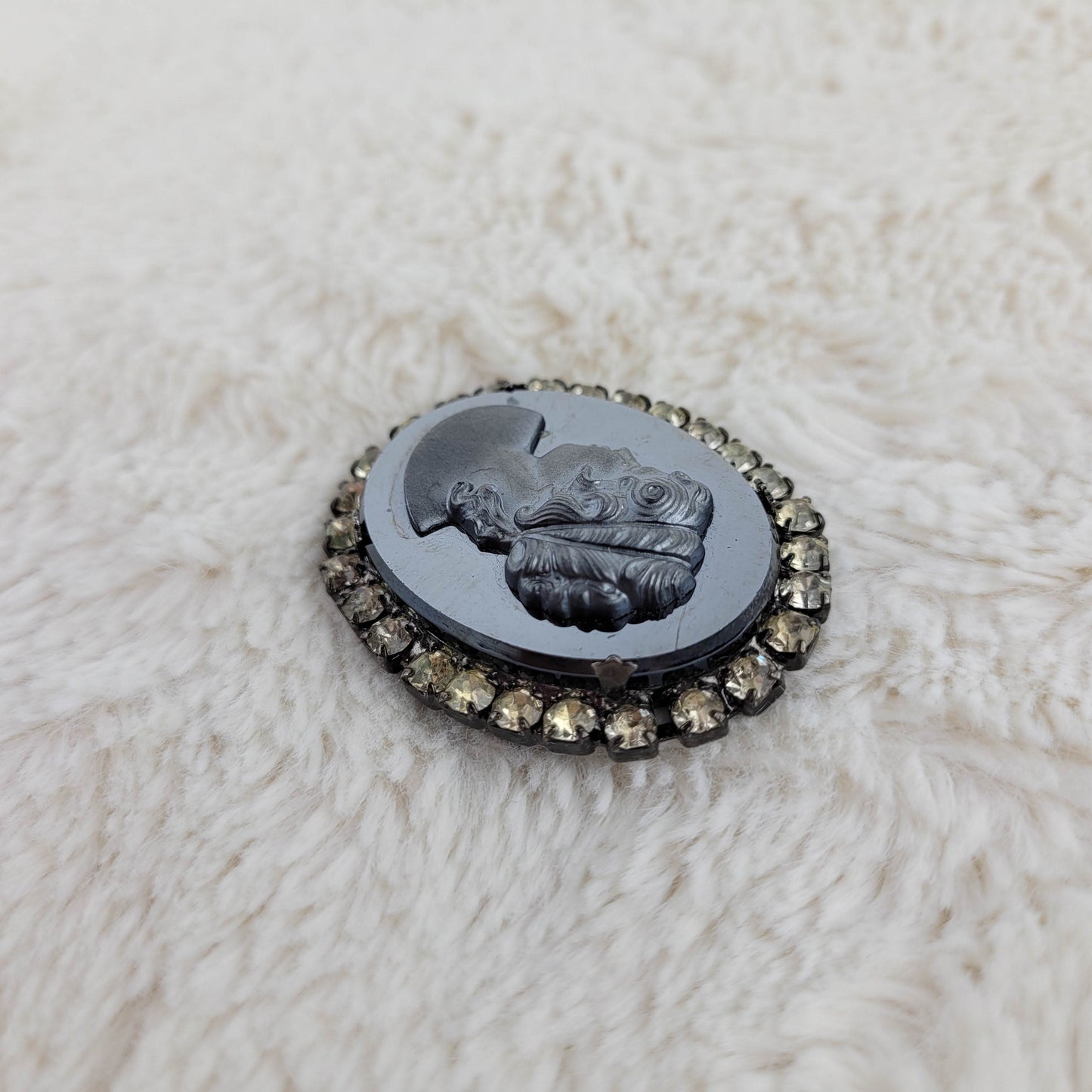 1950's Slate Gray and Black Cameo Pin Outlined with Rhinestones