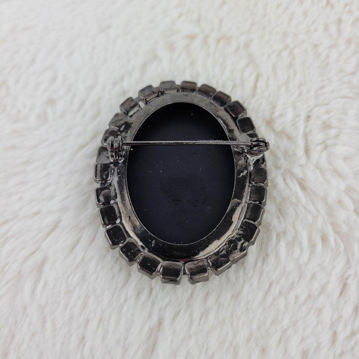 1950's Slate Gray and Black Cameo Pin Outlined with Rhinestones