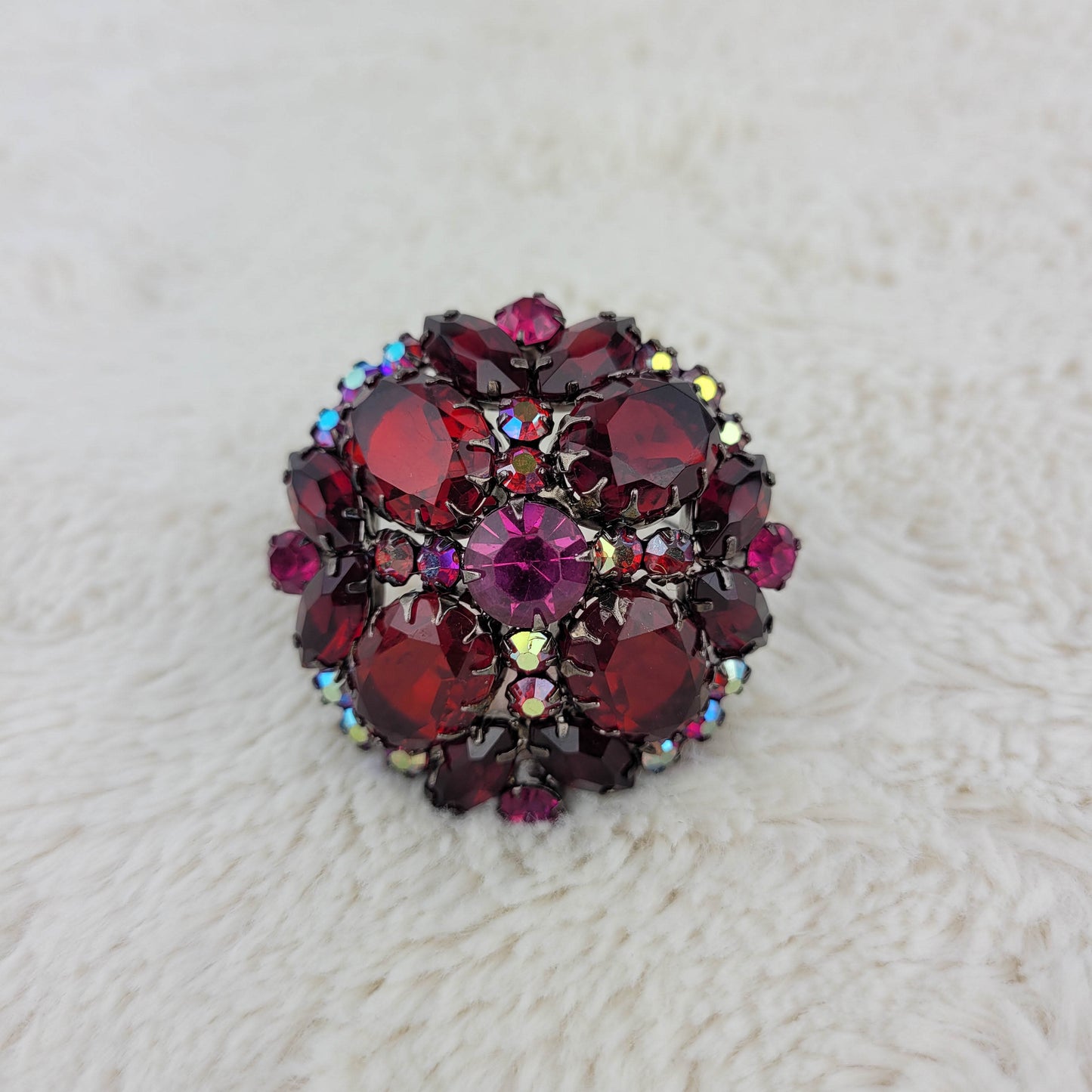 1950's Red Aurora Borealis and Red Rhinestone Dome Brooch