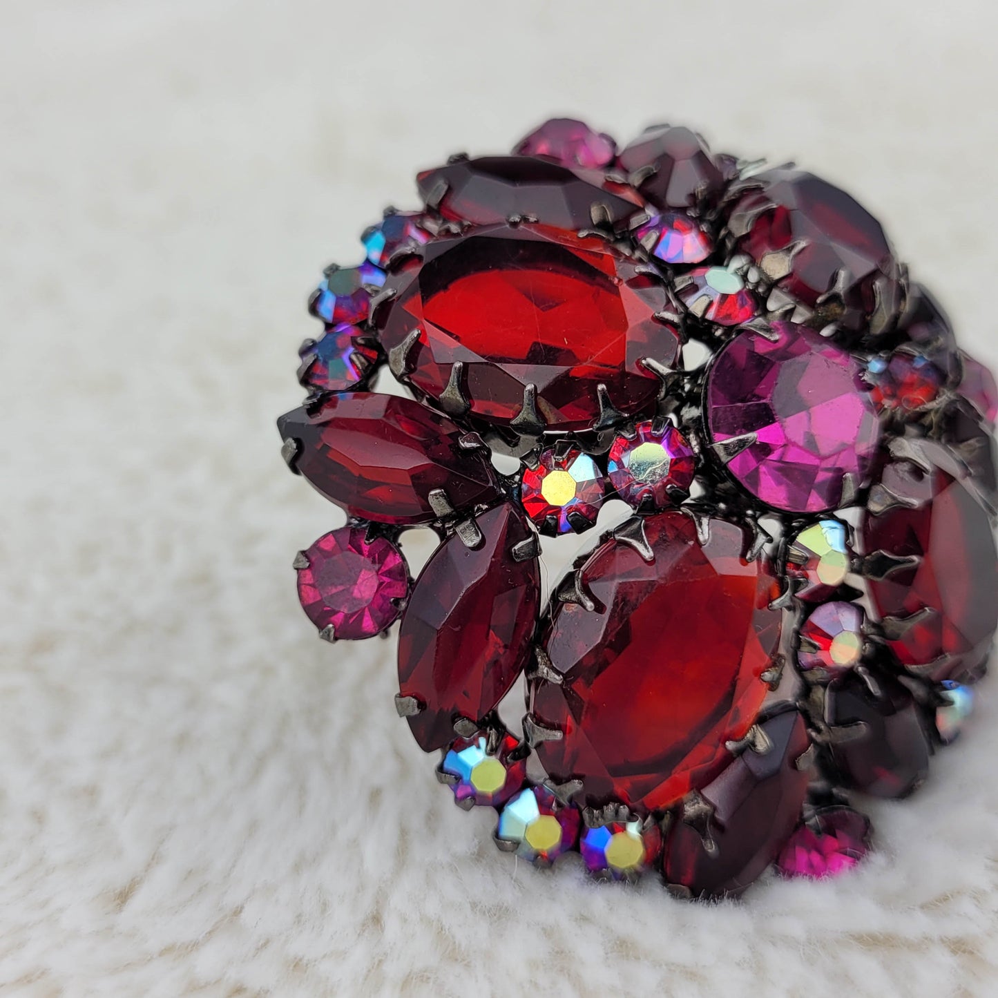 1950's Red Aurora Borealis and Red Rhinestone Dome Brooch