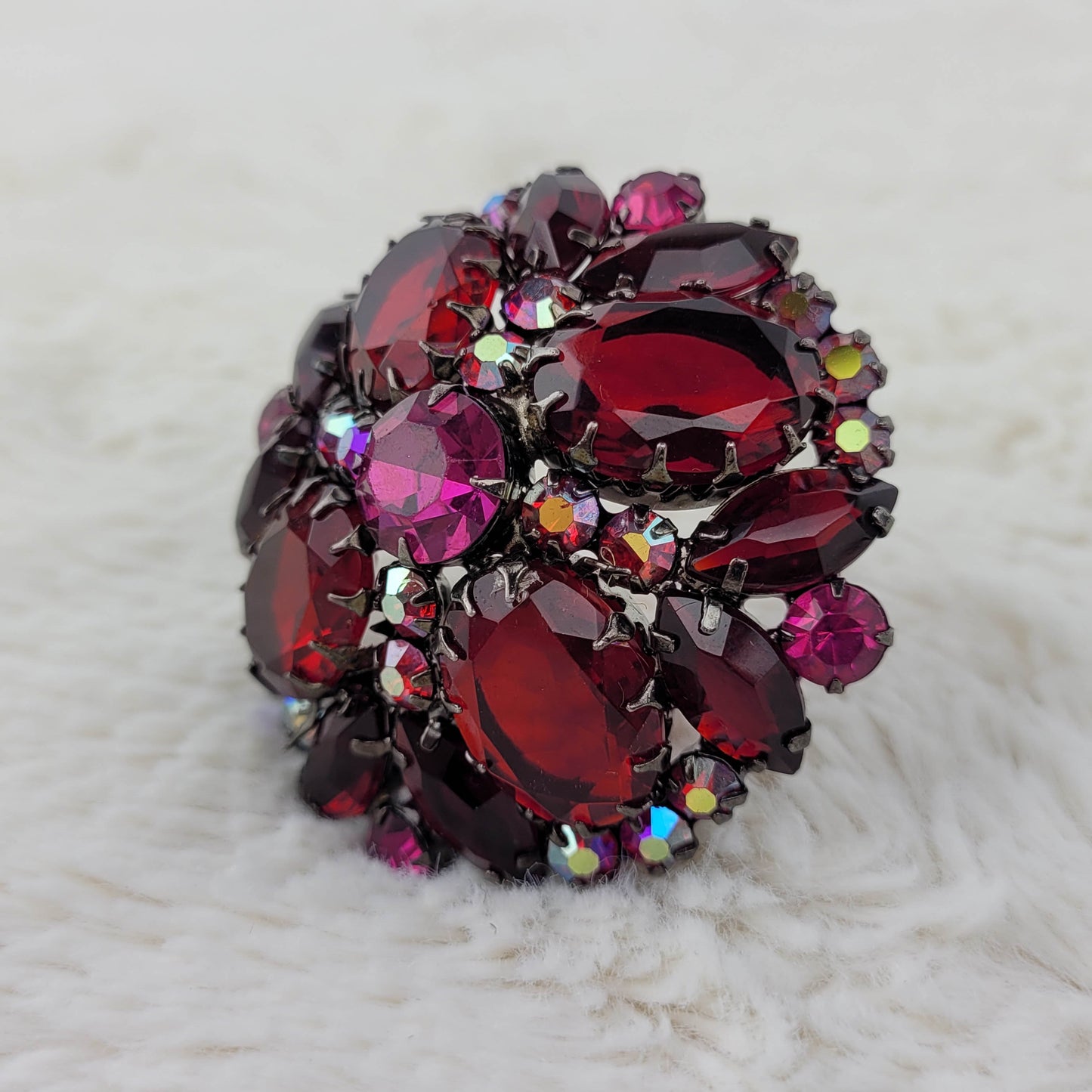 1950's Red Aurora Borealis and Red Rhinestone Dome Brooch