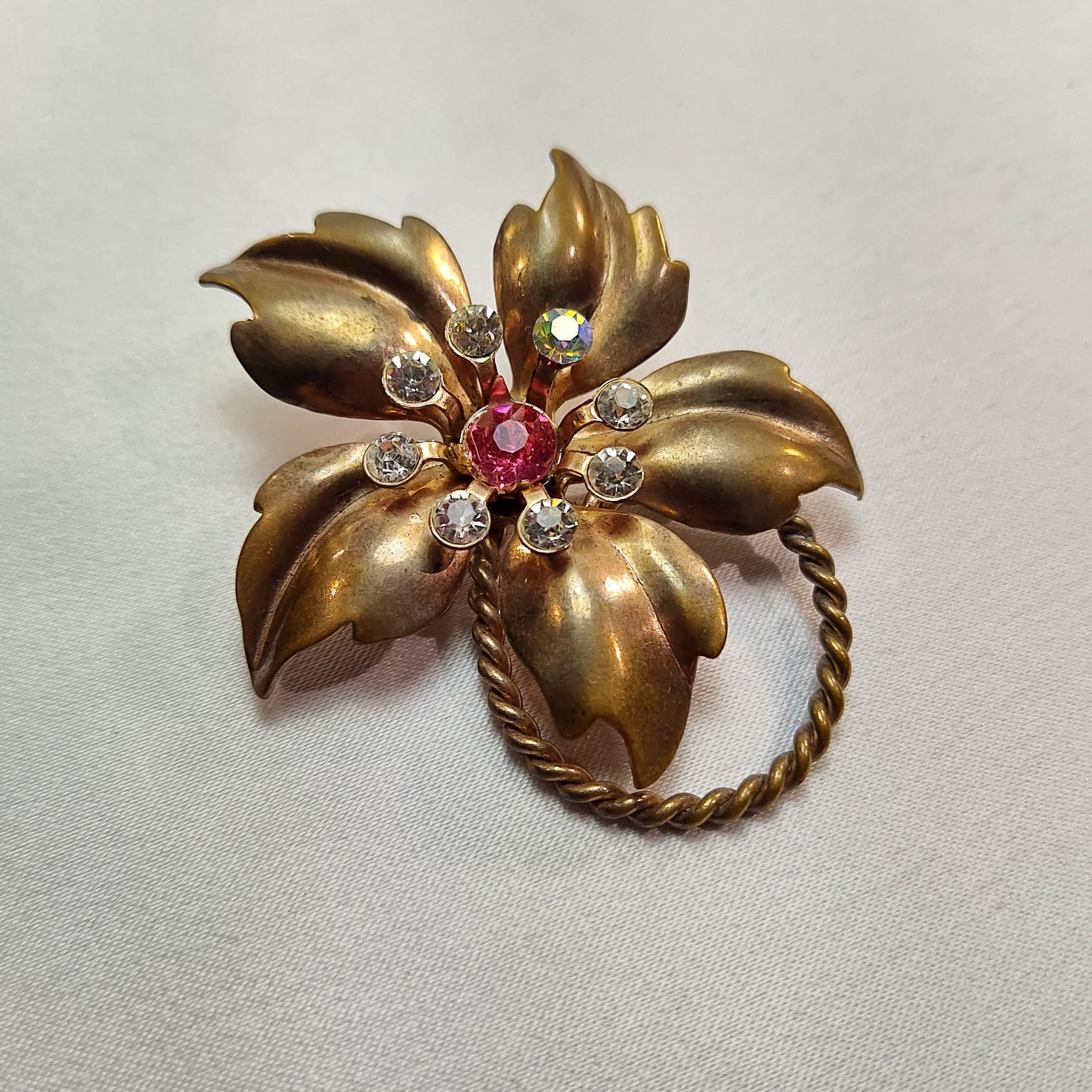 1970's Bronze Metal Flower Pin with a Pink Center Rhinestone