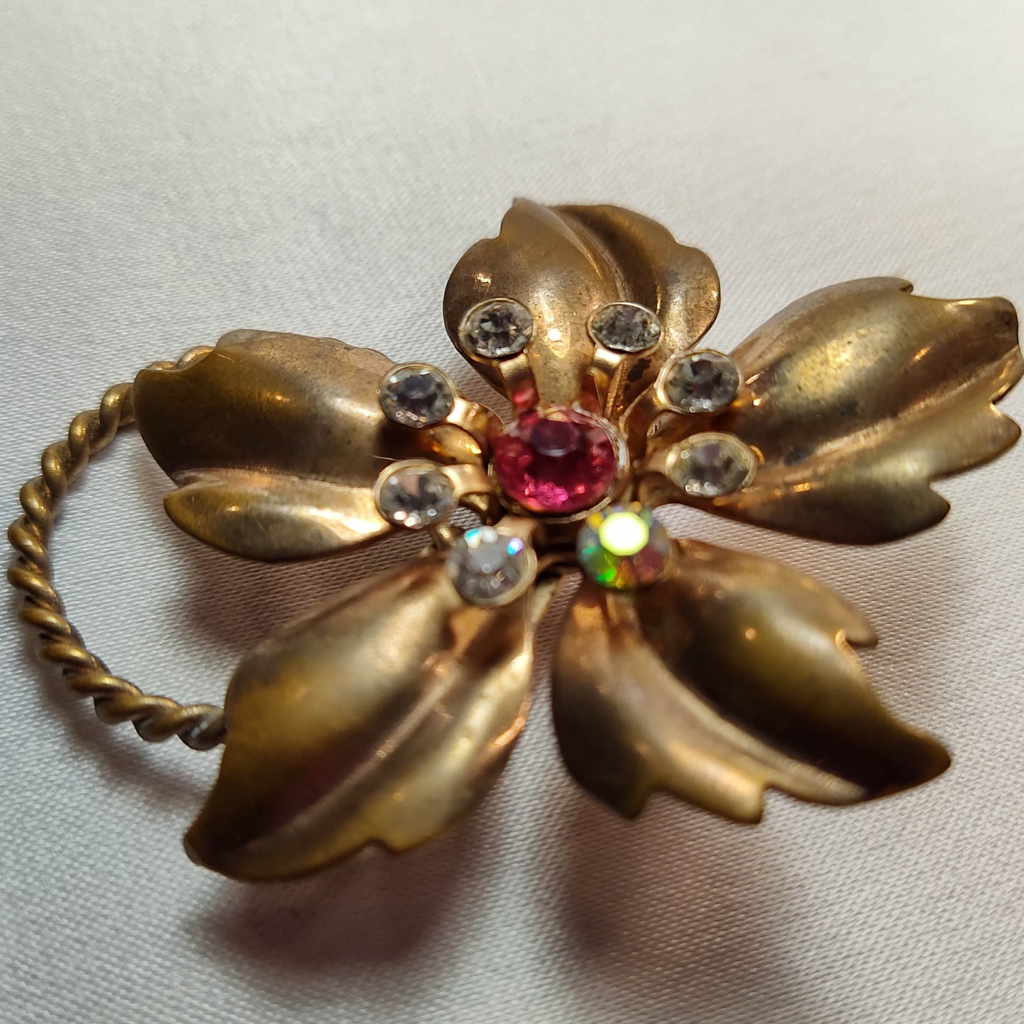 1970's Bronze Metal Flower Pin with a Pink Center Rhinestone