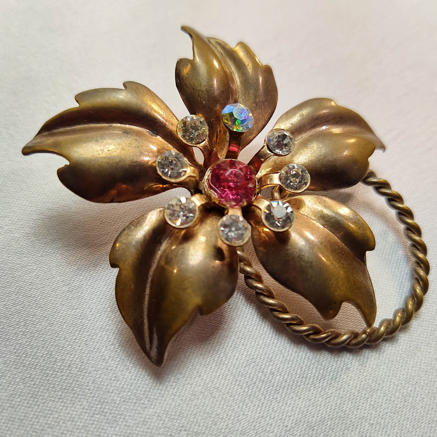 1970's Bronze Metal Flower Pin with a Pink Center Rhinestone