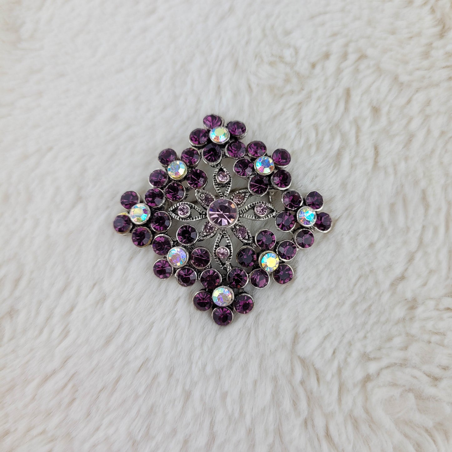 1970's Silver Filigree and Aurora Borealis Square Flower Pin with Purple Rhinestones