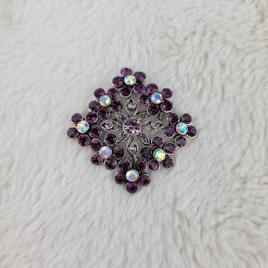 1970's Silver Filigree and Aurora Borealis Square Flower Pin with Purple Rhinestones