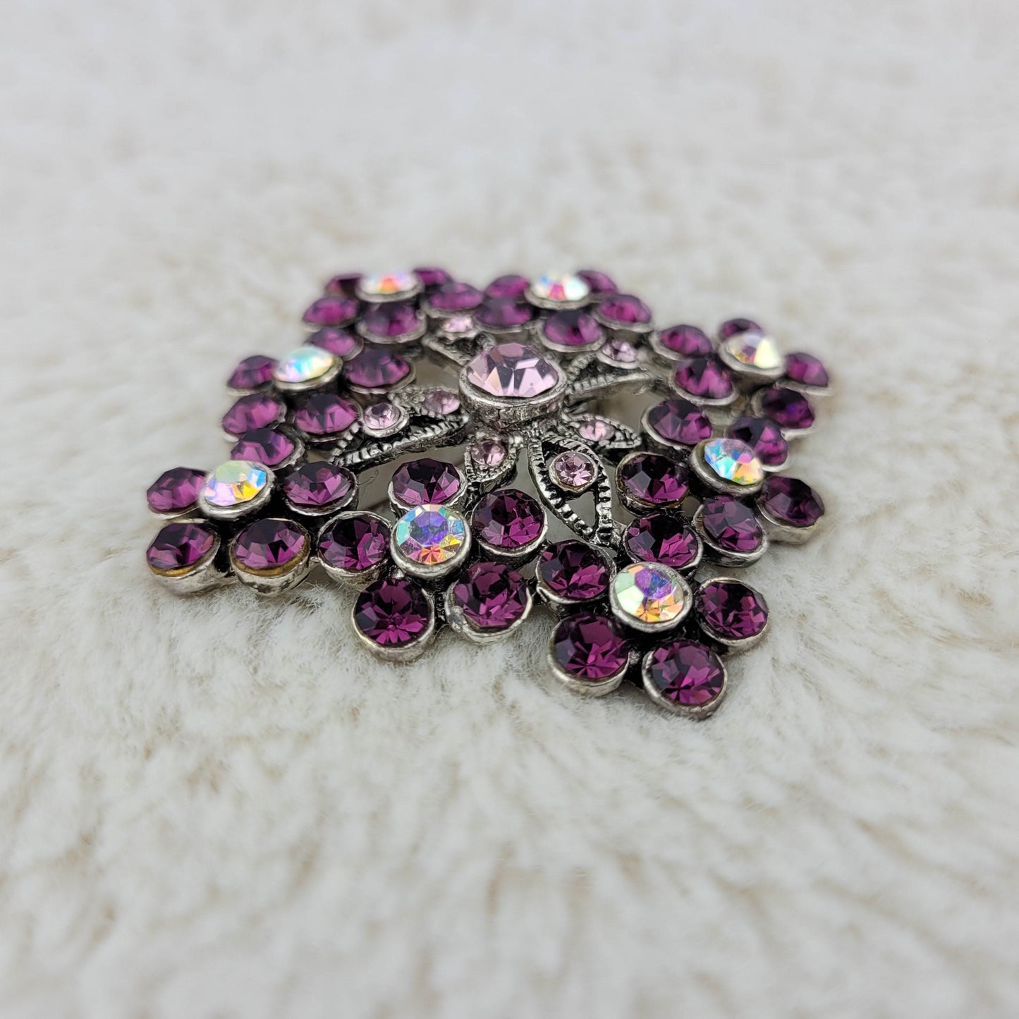 1970's Silver Filigree and Aurora Borealis Square Flower Pin with Purple Rhinestones