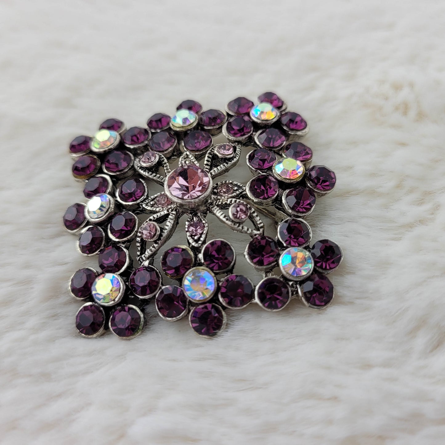 1970's Silver Filigree and Aurora Borealis Square Flower Pin with Purple Rhinestones