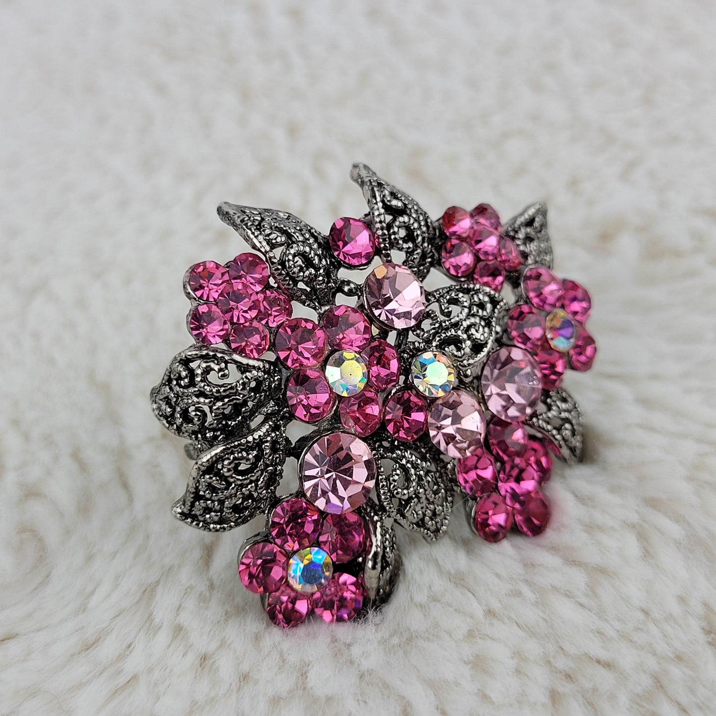 1960's Aurora Borealis and Pink Rhinestone Flower Brooch