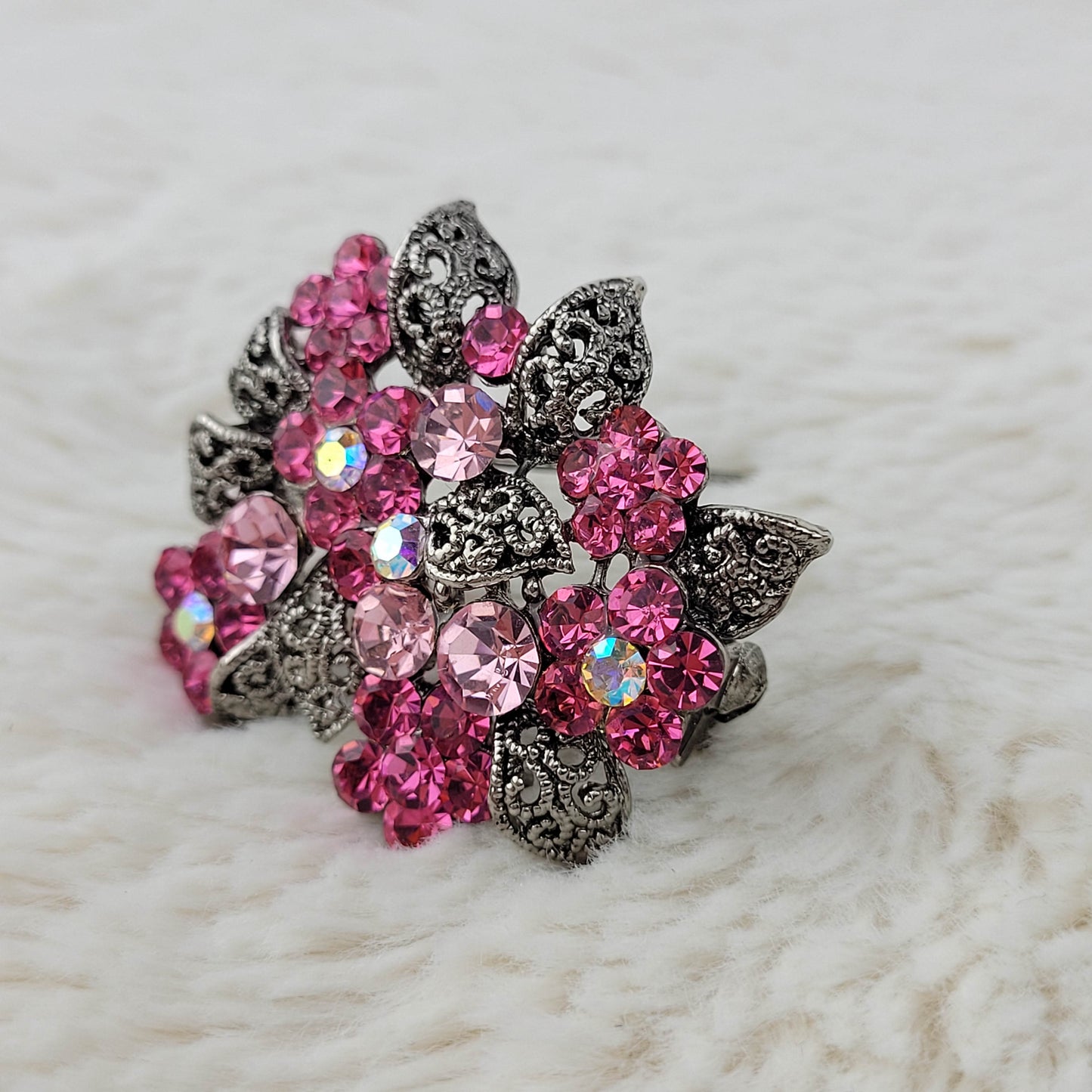 1960's Aurora Borealis and Pink Rhinestone Flower Brooch