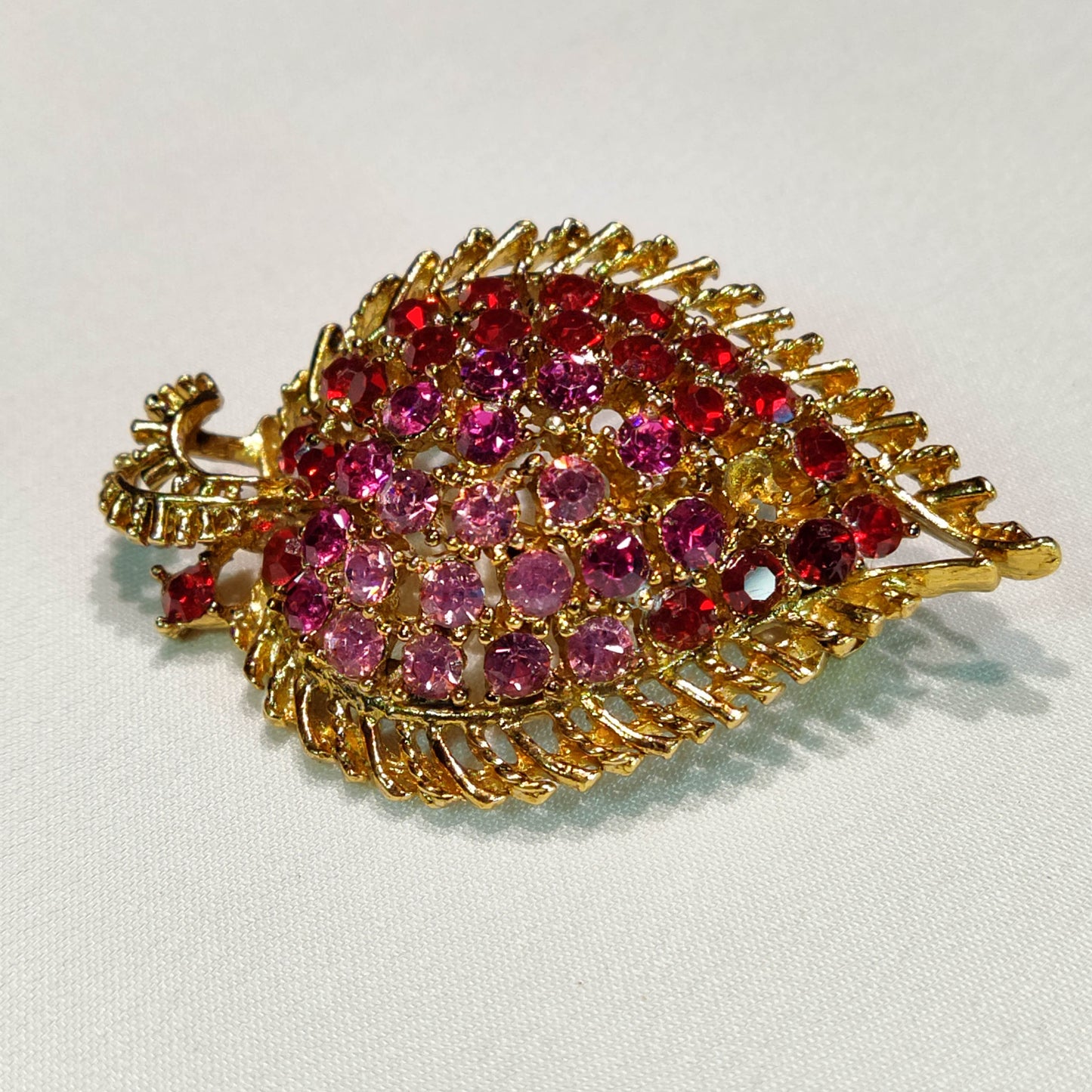 1960's Gold Metal Filigree with Red and Purple Rhinestones Leaf Pin