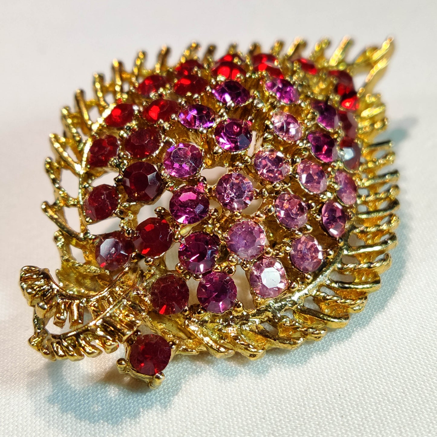 1960's Gold Metal Filigree with Red and Purple Rhinestones Leaf Pin