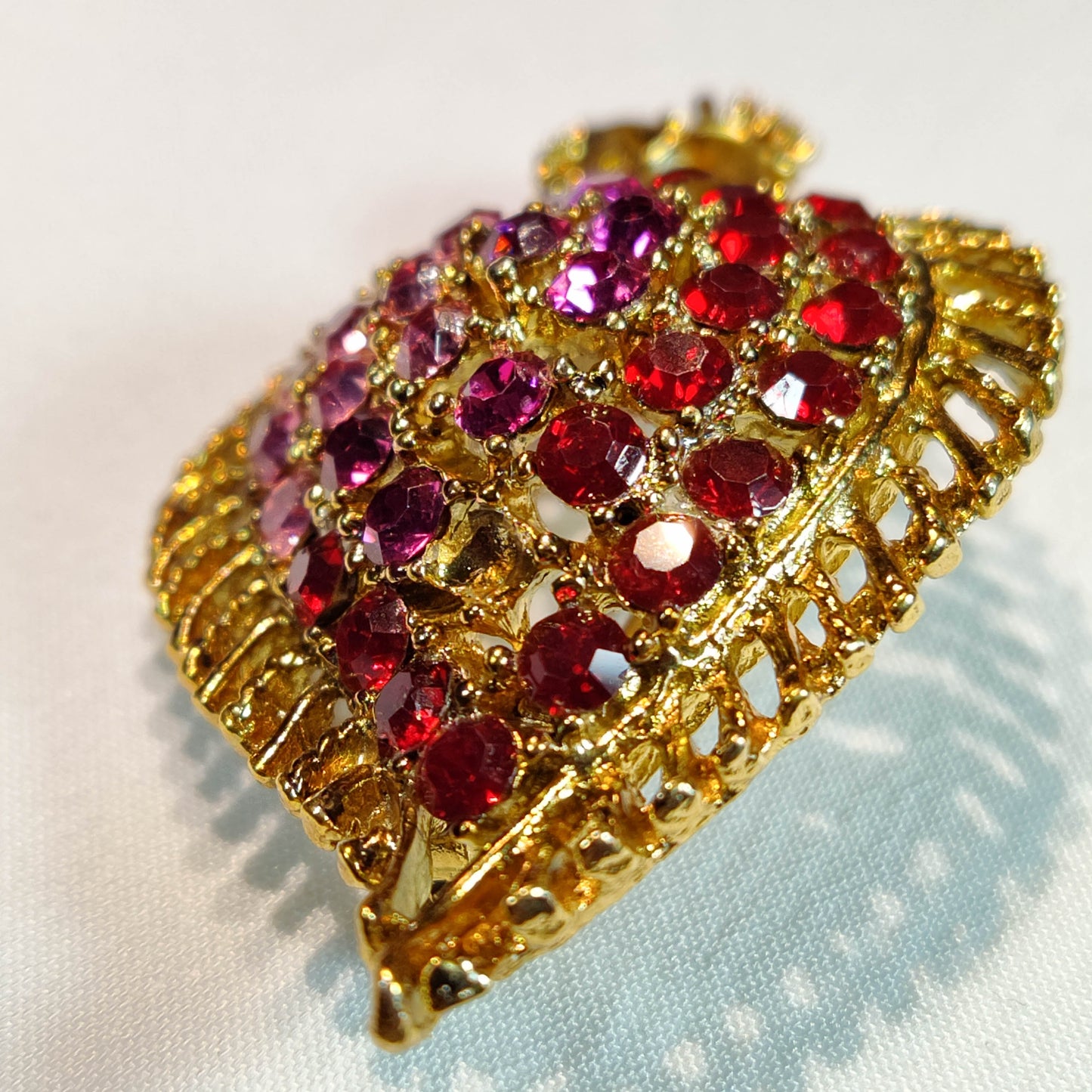 1960's Gold Metal Filigree with Red and Purple Rhinestones Leaf Pin