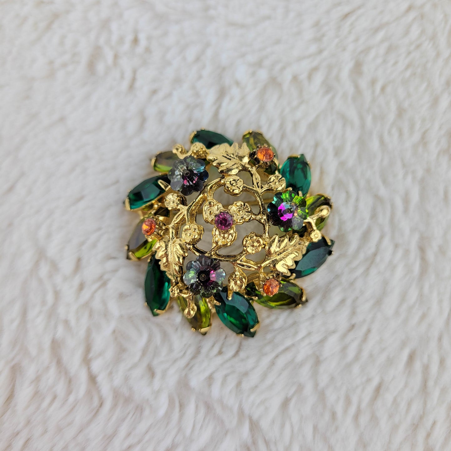 1950's Gold Tone Metal and Multi-colored Rhinestone Circular Pin