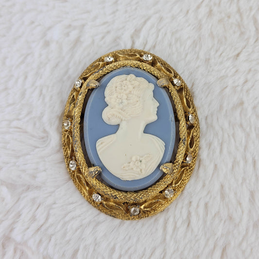 1960's White on Pale Blue Cameo with Gold Metal Frame Pin