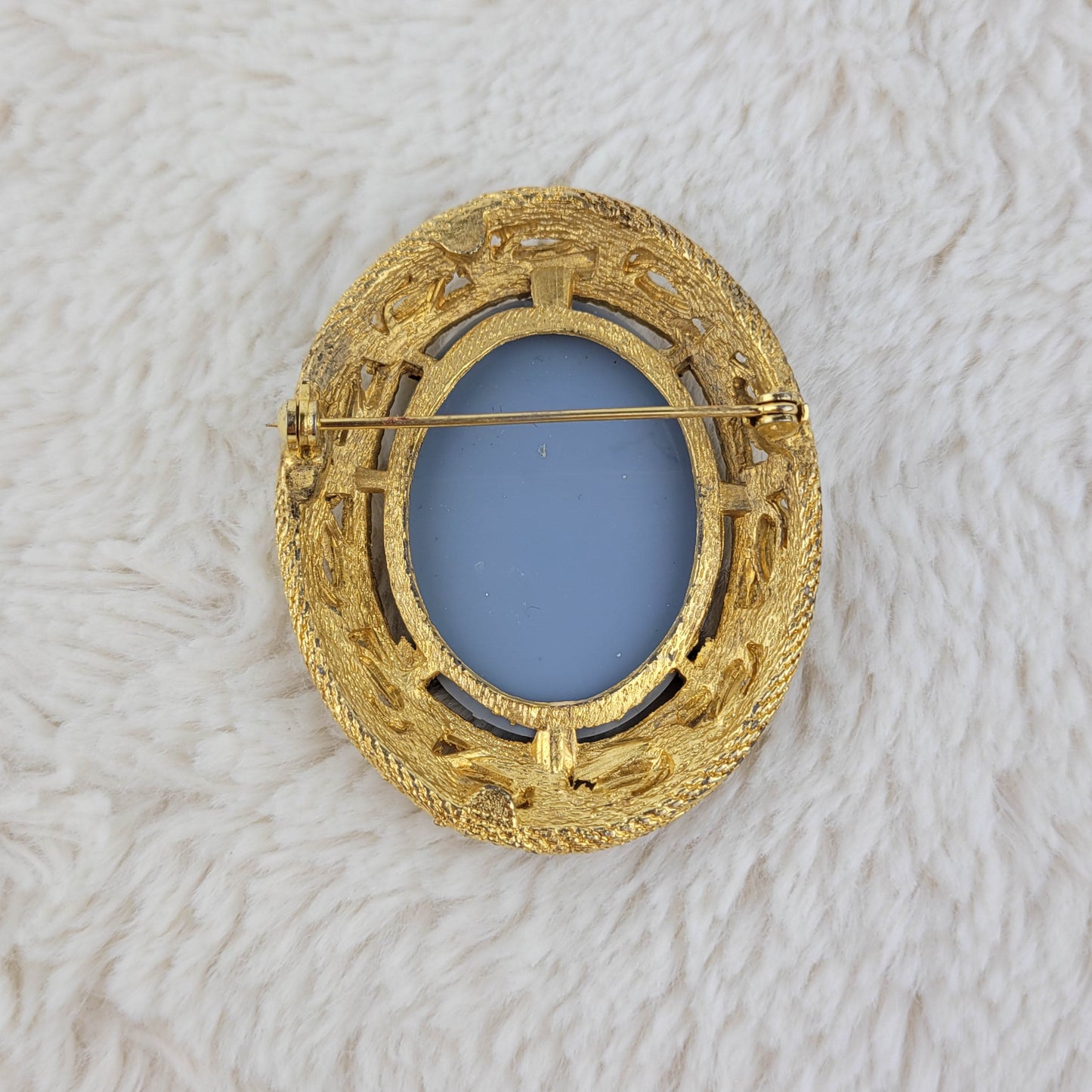 1960's White on Pale Blue Cameo with Gold Metal Frame Pin