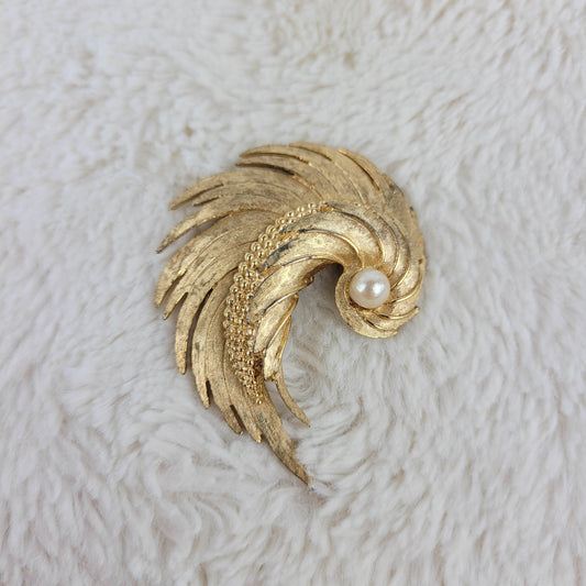 1950's Gold Metal Swirl Pin with Real Pearl Signed by Boucher