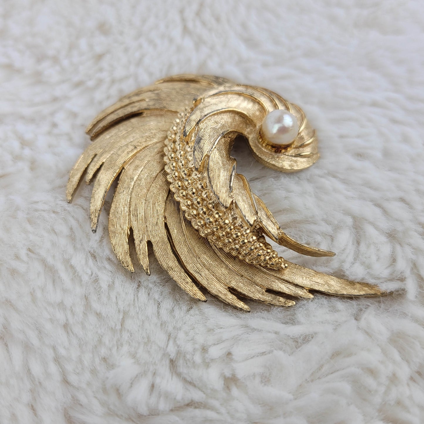 1950's Gold Metal Swirl Pin with Real Pearl Signed by Boucher