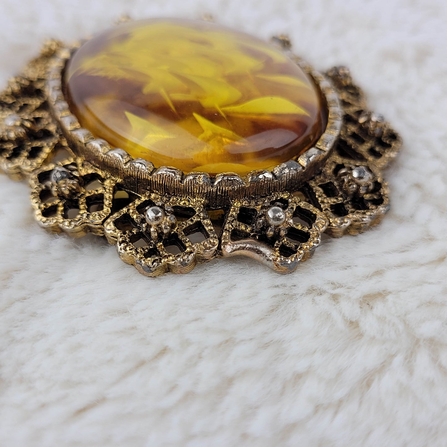 1960's Yellow Lucite and Gold Metal Filigree Ship Brooch