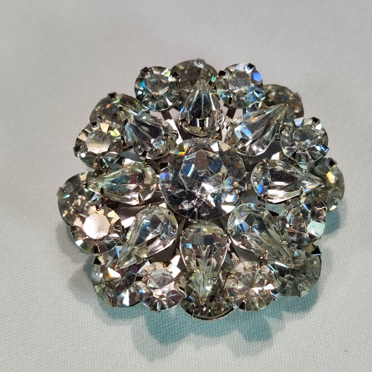 1950's Clear Rhinestone Flower Round Dome Pin