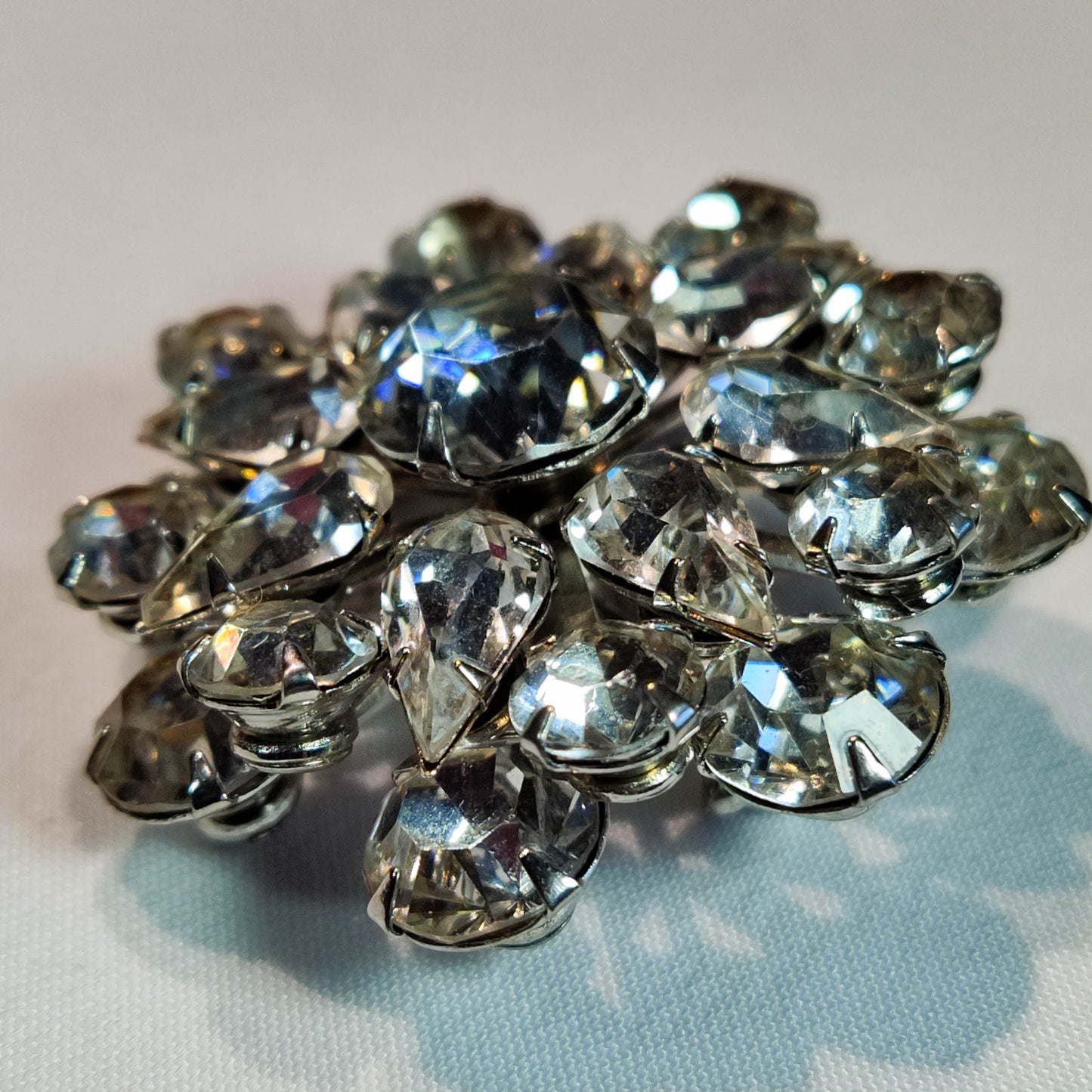 1950's Clear Rhinestone Flower Round Dome Pin