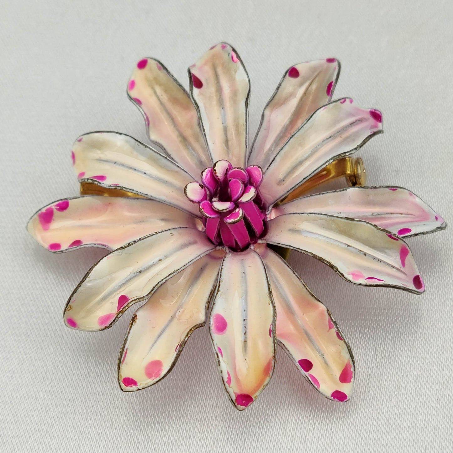 1950's Pink and White Enamel Metal Flower Pin