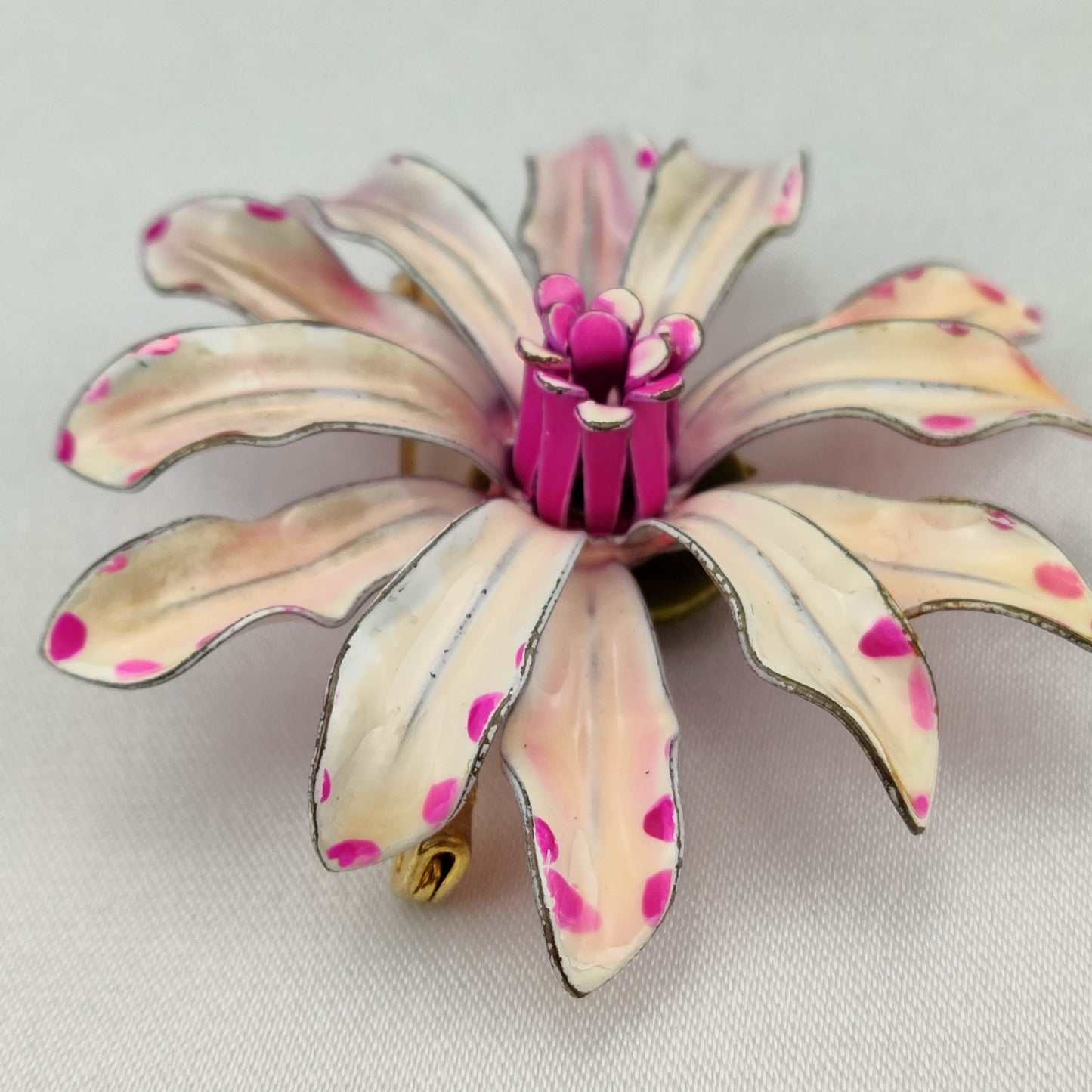 1950's Pink and White Enamel Metal Flower Pin