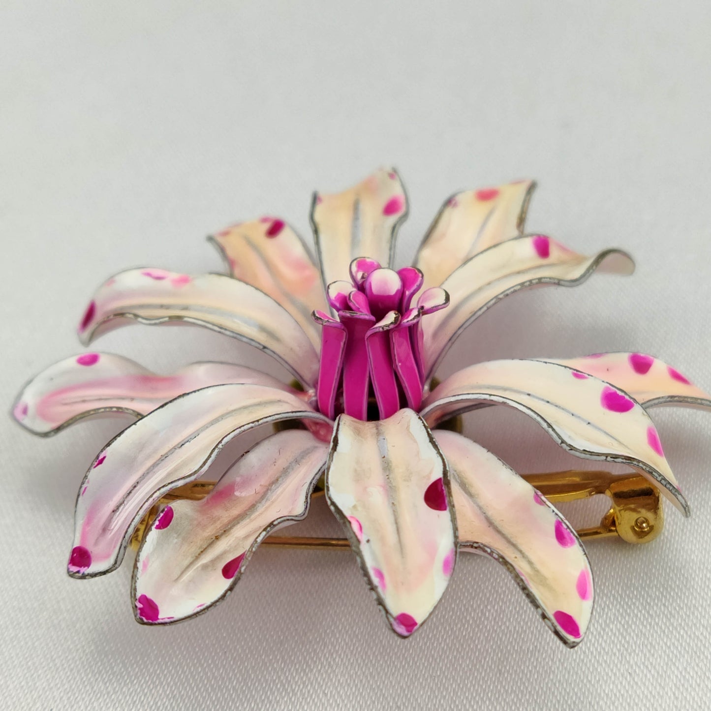 1950's Pink and White Enamel Metal Flower Pin