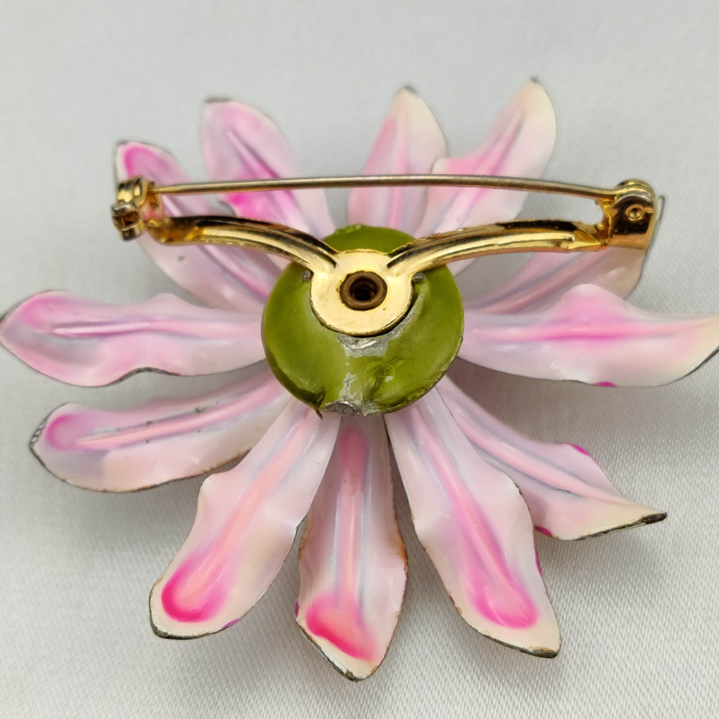 1950's Pink and White Enamel Metal Flower Pin