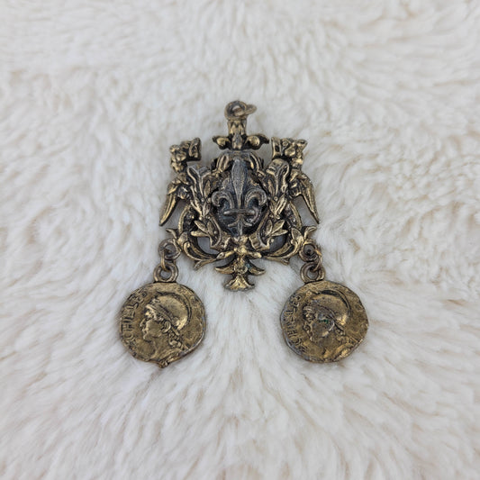 1930's Gold Metal Fleur Delis Coin Pendant Pin