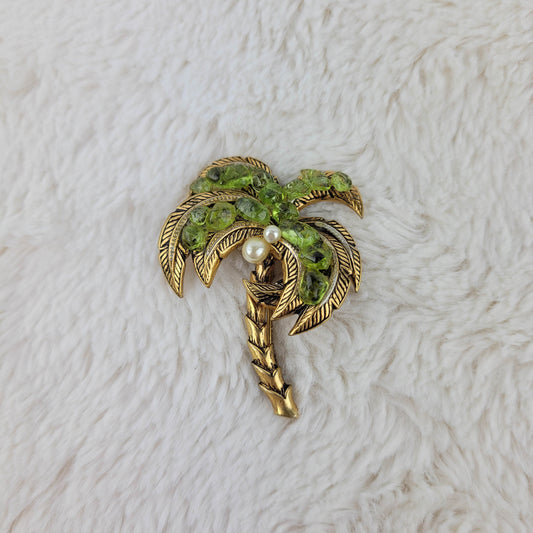 1960's Pearls and Green Peridot Gold Metal Palm Tree Pin