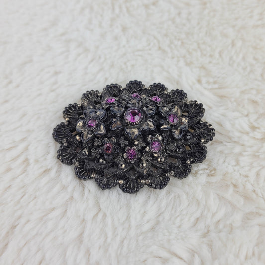 1930's Metal Filigree Plum Rhinestone Pin