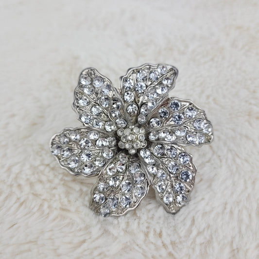 1940's Silver Metal and Clear Rhinestone Flower Pin