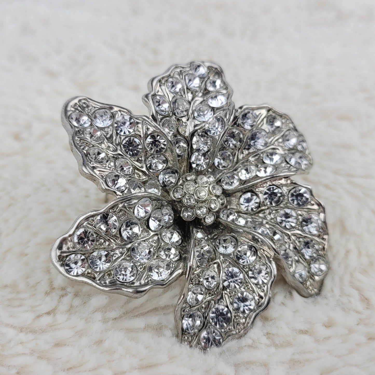 1940's Silver Metal and Clear Rhinestone Flower Pin