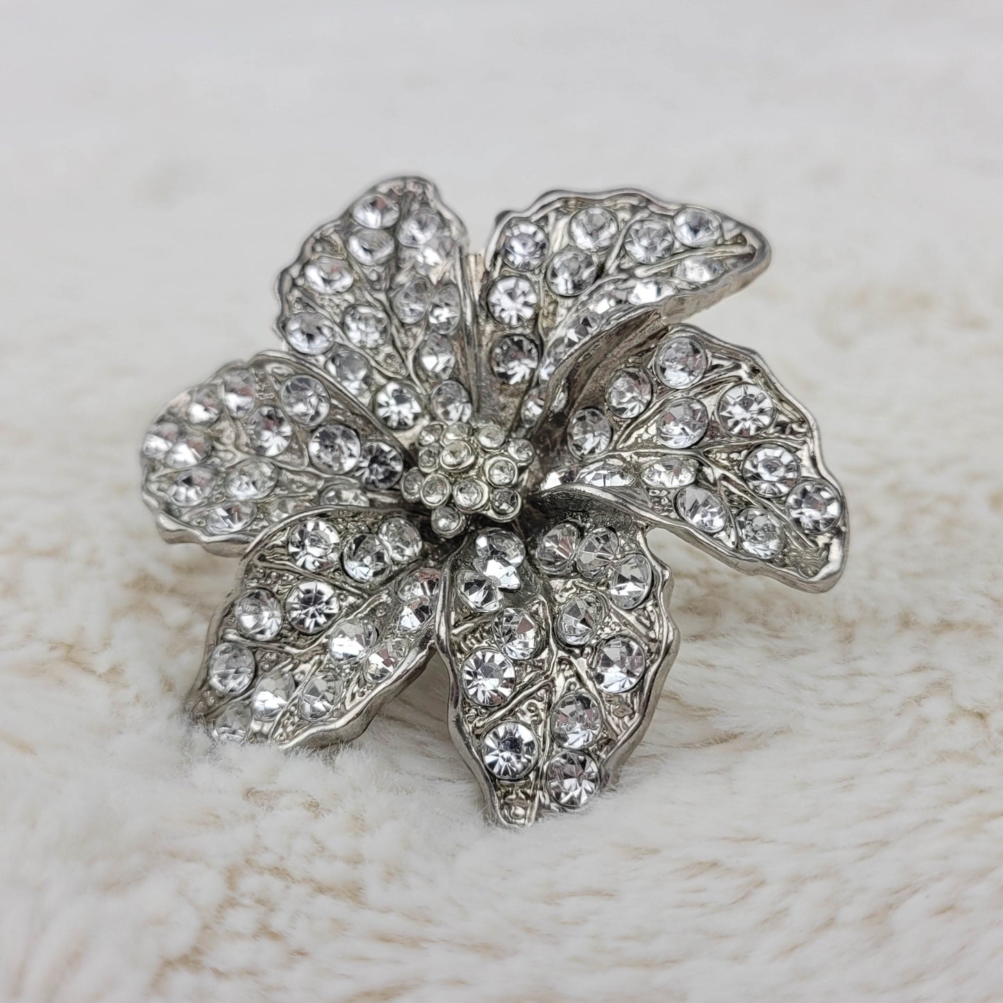 1940's Silver Metal and Clear Rhinestone Flower Pin