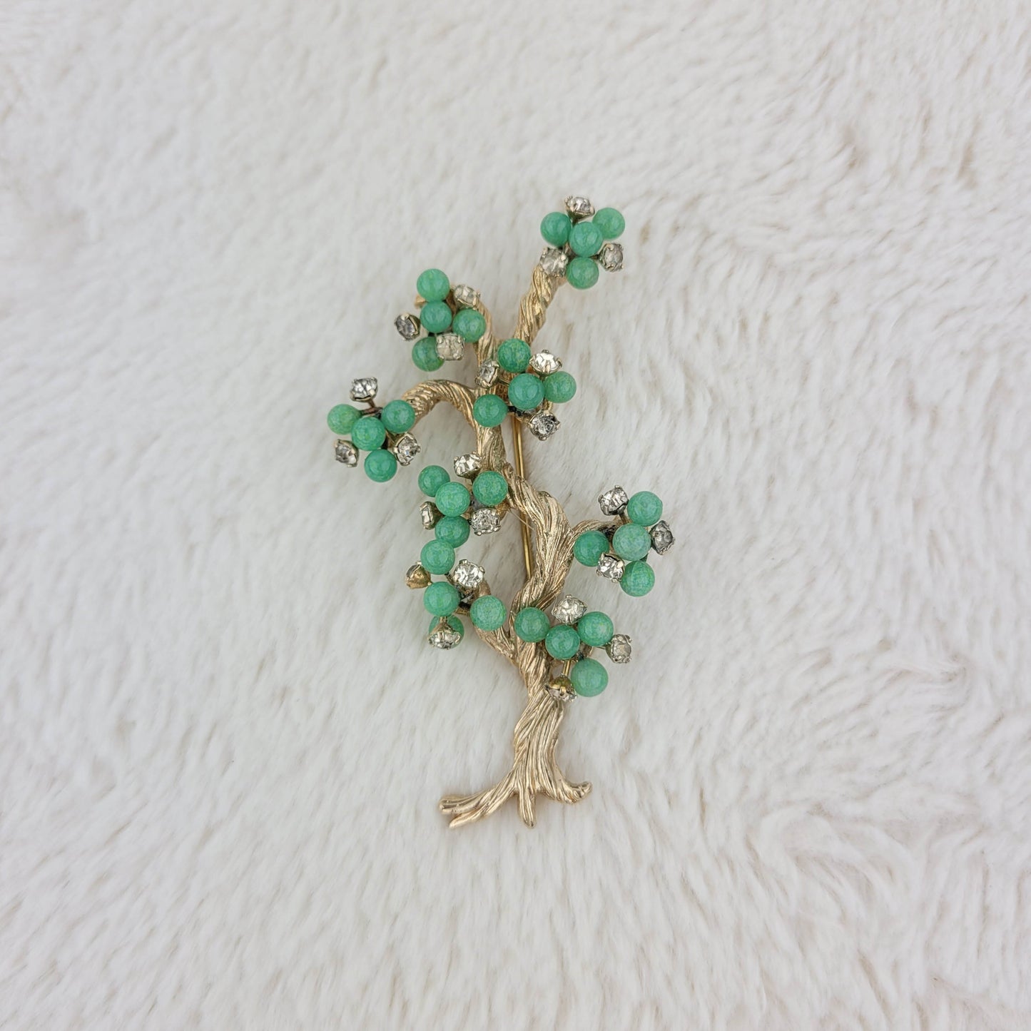 1950's Green Bead and Clear Rhinestone Tree of Life Pin